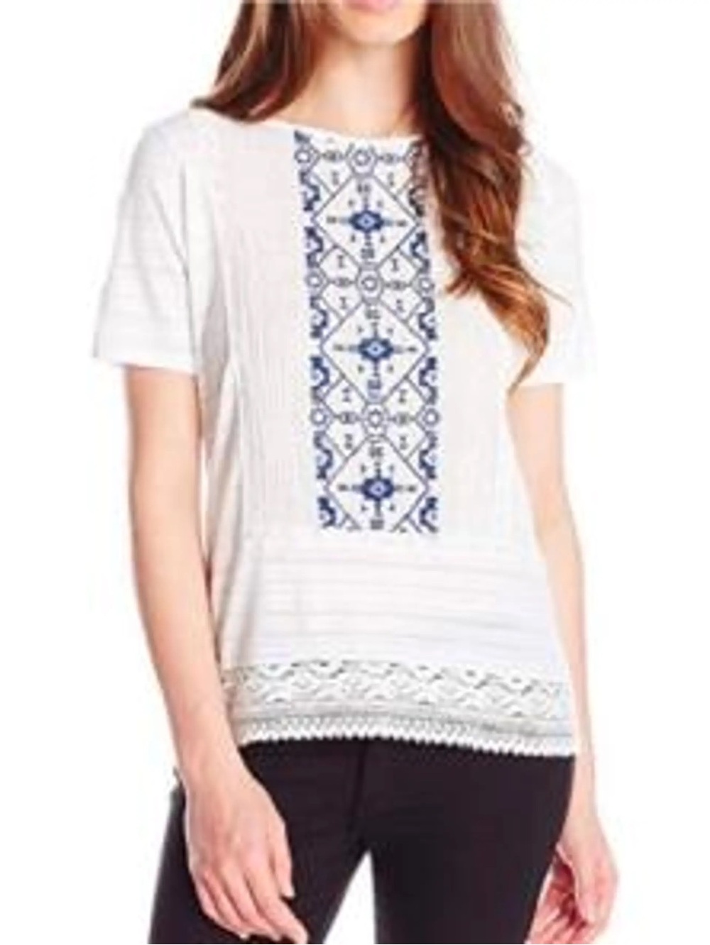 Lucky Brand Women's White and Blue Embroidered Top Size Medium